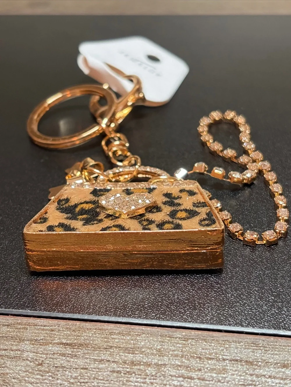 Leopard Print Purse Charm Keychain - Gold with Crystal Accents
